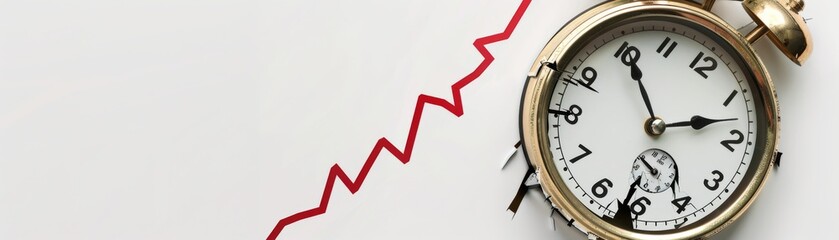 Broken clock showcasing financial downfall with a downward graph behind it, isolated, white background, plenty of space