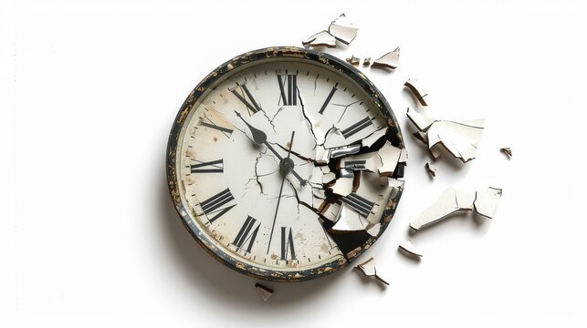 Broken clock indicating loss with ominous shadows cast over it, isolated, white background, copy space