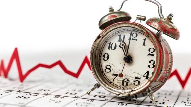 Broken clock reflecting financial decline with a downward graph in the background, isolated, clean white background