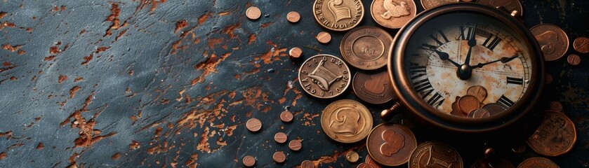 Broken clock with rusted coins scattered on a dark background, isolated, ample copy space
