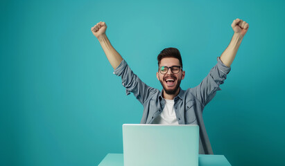 A happy smilling man with glasses and a laptop celebrating his success. Generative AI