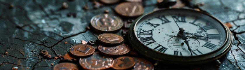Broken clock symbolizing decay with rusted coins scattered on a dark background, isolated, plenty of space