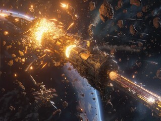 A space battle is taking place with a large ship being destroyed by a missile. The scene is filled with debris and explosions, creating a sense of chaos and destruction