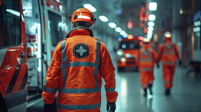 Emergency medical responders wearing orange uniforms and helmets, working at night with ambulances in the background.