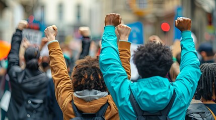 Unity and solidarity among demonstrators, fists raised in support of change