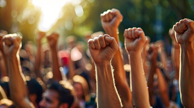 Crowd of activists expressing determination and unity with raised fists