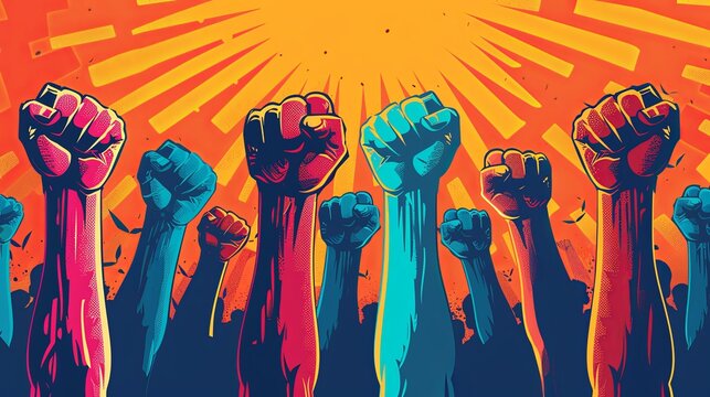 Crowd of activists expressing determination and unity with raised fists