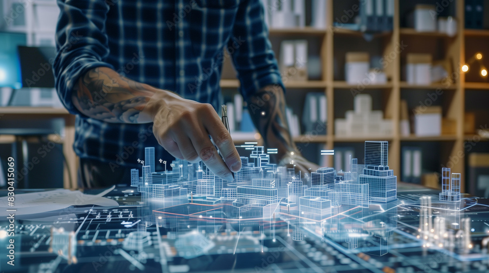 Poster an engineer working with the blue prints of a project through virtual reality technology, futuristic