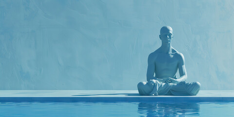 The Oasis of Calm: A serene individual, sitting cross-legged with eyes closed in a calming blue hue, surrounded by soft light, exuding an aura of tranquility and inner peace