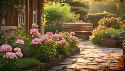 Fototapeta premium a serene and peaceful garden scene. pink geranium