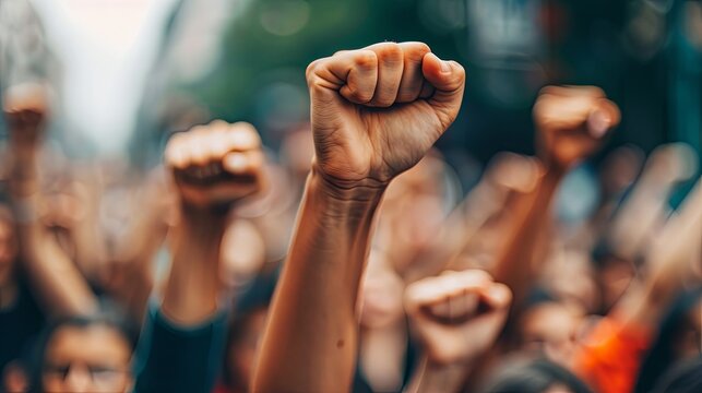 Unity and solidarity among demonstrators, fists raised in support of change