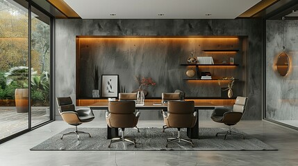 Sleek Office Meeting Room with Table, Chairs, and Display Shelf