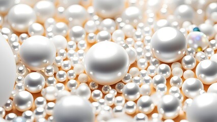White and golden pearls, beads, 3d render balls, sphares, round shapes backgorund.