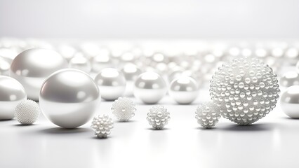 White and golden pearls, beads, 3d render balls, sphares, round shapes backgorund.