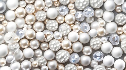 White and golden pearls, beads, 3d render balls, sphares, round shapes backgorund.