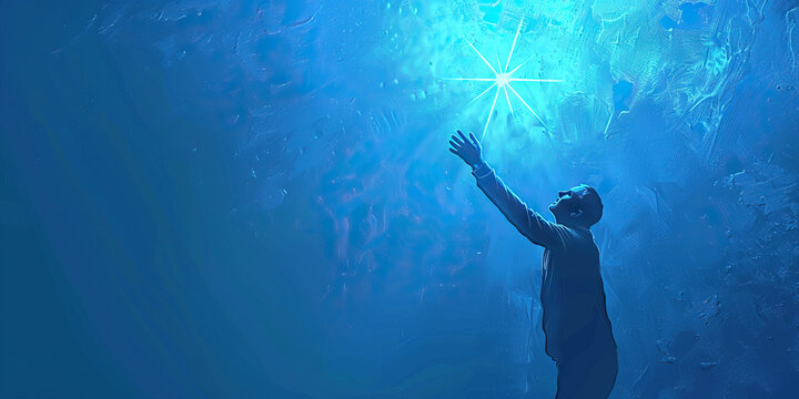 Hope (Light Blue) evokes a powerful emotion and resonates with many individuals. In this photo, a figure is stretching towards a gleaming star, personifying the yearning