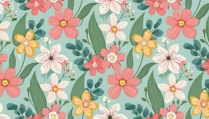 Vector illustration of a seamless floral pattern with spring flowers. Lovely floral background in sweet colors