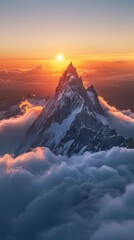 A majestic mountain peak towering above a sea of clouds illuminated generated by AI