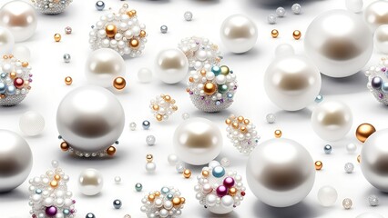 White and golden pearls, beads, 3d render balls, sphares, round shapes backgorund.