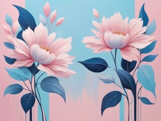 Floral composition in  oil painting style, in pastel blue and pink colors, abstract flowers painting with textured brushstrokes, rich in color and details