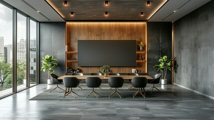 Office Meeting Room Interior: Contemporary Table, Chairs, and Mockup Wall