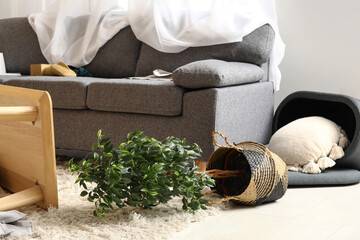 Interior of living room with messed furniture after earthquake, closeup