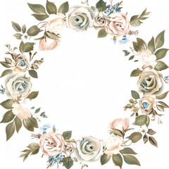 An illustration of a watercolor floral wreath with cream and pink roses and blue and green leaves on a white background
