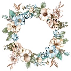 A beautiful floral wreath with a variety of flowers in muted colors. The wreath is perfect for use as a wedding invitation, greeting card, or any other special occasion.