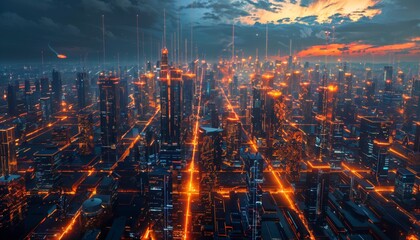 Fototapeta premium Gridlines transforming into vast luminescent cityscapes, tech for everything