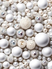 White and golden pearls, beads, 3d render balls, sphares, round shapes backgorund.