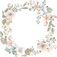 Obraz premium An illustration of a watercolor floral wreath with peach, pink, and blue flowers.