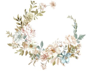 An illustration of a floral wreath with a variety of flowers and greenery