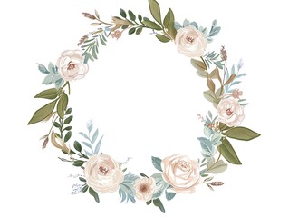 Naklejka premium An illustration of a watercolor floral wreath with cream and pink roses, green leaves, and blue and brown accents.