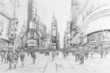 cityscape drawing, pencil sketch of a vibrant city street filled with skyscrapers and pedestrians, capturing the essence of urban life through detailed artwork