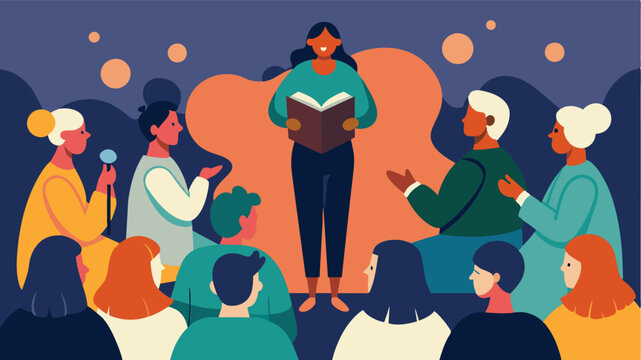 The small intimate setting allows for a deep connection between the poets and the audience creating a sense of belonging and unity.. Vector illustration