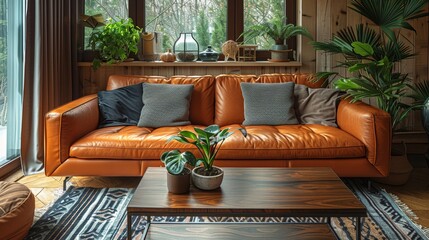 autumn-themed living room, a minimalist living room with autumn colors, a brown leather sofa, and wooden coffee table, ideal for cozy fall decor - Powered by Adobe