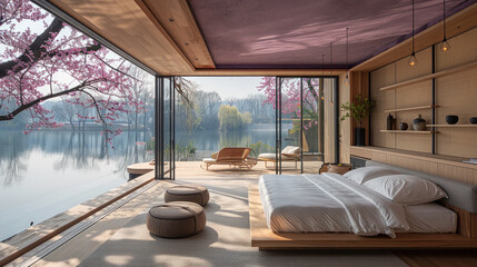 Minimalist purple shade bedroom of a villa hotel by lake in spring