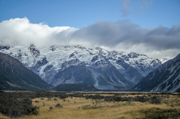 Mountain landscape, scenic view in gold autumn colors in mountains, Mount Cook, New Zealand, South...