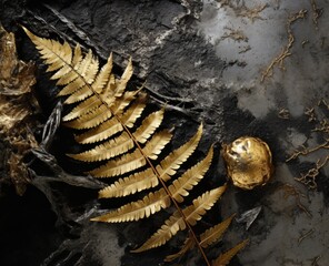 Lustrous Foliage Fern Leaves on Ground with Dark Silver and Gold Accents