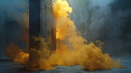 Empty Dark Stage with Yellow Mist Fog Smoke - Platform Showcasing Artistic Work Product
