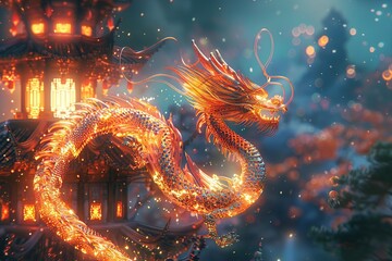 Chinese dragon spinning around the tower, lunar new year