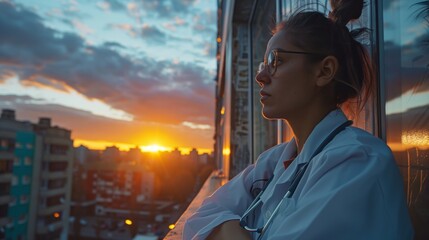 Female doctor with glasses reflecting on a balcony at sunset, symbolizing contemplation and dedication in the medical profession.