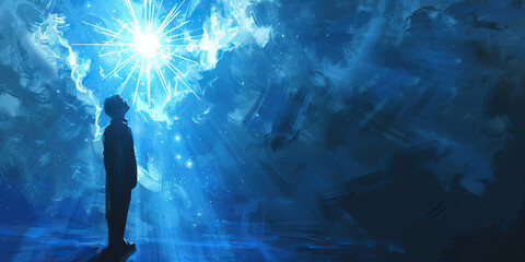 Fototapeta premium Hope (Light Blue): A figure looking up at a bright star, symbolizing hope and inspiration