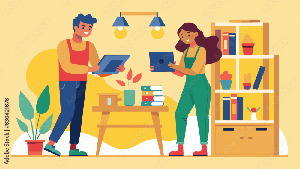 Poster a young couple working together in the communal workshop learning how to build a bookshelf.. vector 