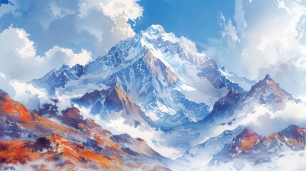 Obraz premium mountain landscape painting, a watercolor picture of majestic peaks with snow patches in the warm sun, a breathtaking view for adventurous souls