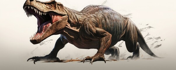 Fototapeta premium A fierce dinosaur roars with its mouth wide open, displaying sharp teeth.