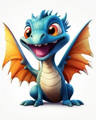 Fototapeta premium Cute blue baby dragon with big eyes and orange wings sitting on a white background.