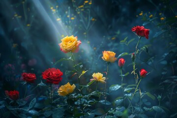 Fototapeta premium Blooming Yellow and Red Rose in Dark Forest