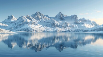 Majestic Mountain Range at Sunrise with Golden Light Illuminating Snow-Capped Peaks and Crystal-Clear Cyan Lake Reflecting Vibrant Colors. High-Resolution Image Showcasing Nature's Tranquility Beauty.