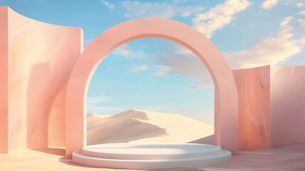 3d render abstract surreal pastel landscape background with arches and podium for showing product. Panoramic view